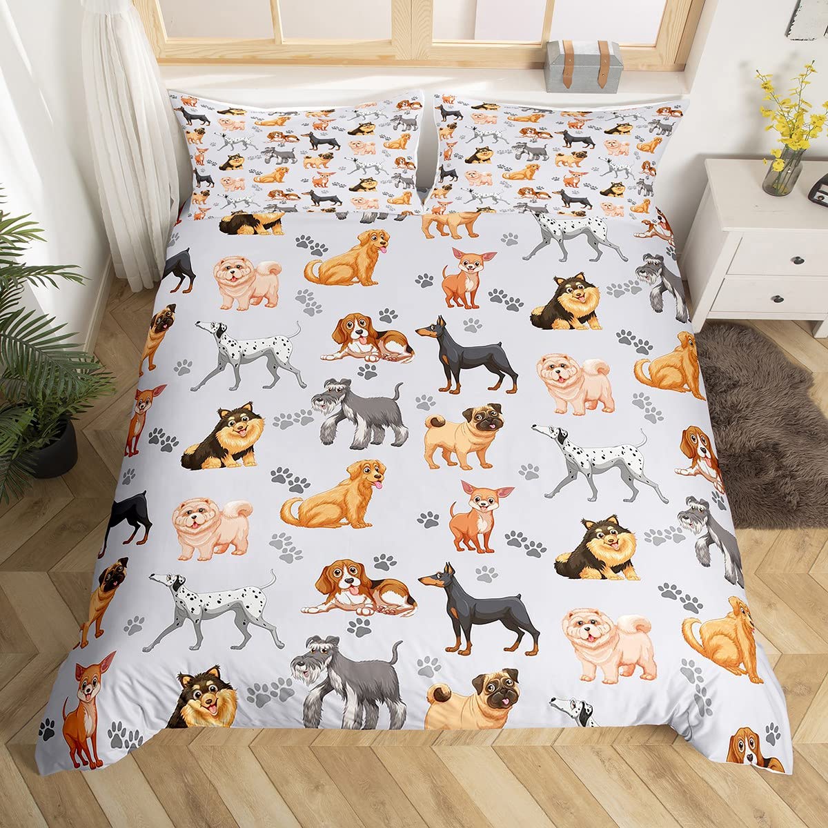 Loussiesd Cute Toddler Cartoon Dogs Beds-Boys Girls Kids Pet Dog Puppy Animal Lover Duvet Cover Set-Single Size Comforter Cover