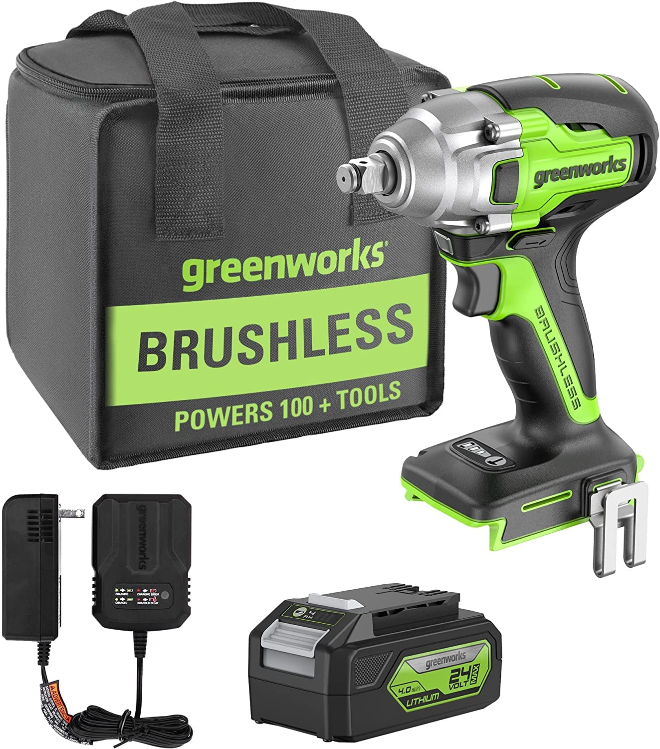 Greenworks Gd24Iw400K4 Clé À Chocs Sans Fil Avec Moteur Sans Balais, Visseuse À Choc, 0-2800Rpm, 0-4000Ipm, Couple 400Nm, Coupleur Carré 1/2", 1,27Cm, Incl. Batterie 24V 4Ah & Chargeur, Garantie 3 Ans