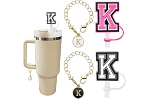 KRIKLAR （2+2）2PCS Straw Cover for Stanley Cup 30&40 Oz 10mm Straw Topper with 2PCS Stanley Cup Accessories Letter Charms Name ID Initial Letter Handle Personalized Charm For Stanley Tumbler (Letter K)