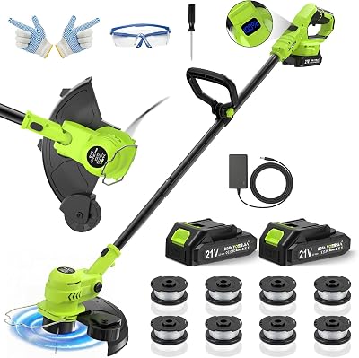 Débroussailleuse Électrique sans Fil 21V avec Écran LCD, Coupe-Bordure à Roues (30cm), Avancement Automatique du Fil, 8 Bobines Incluses, Tête Réglable et Multifonction. (Set Jardin Pro)