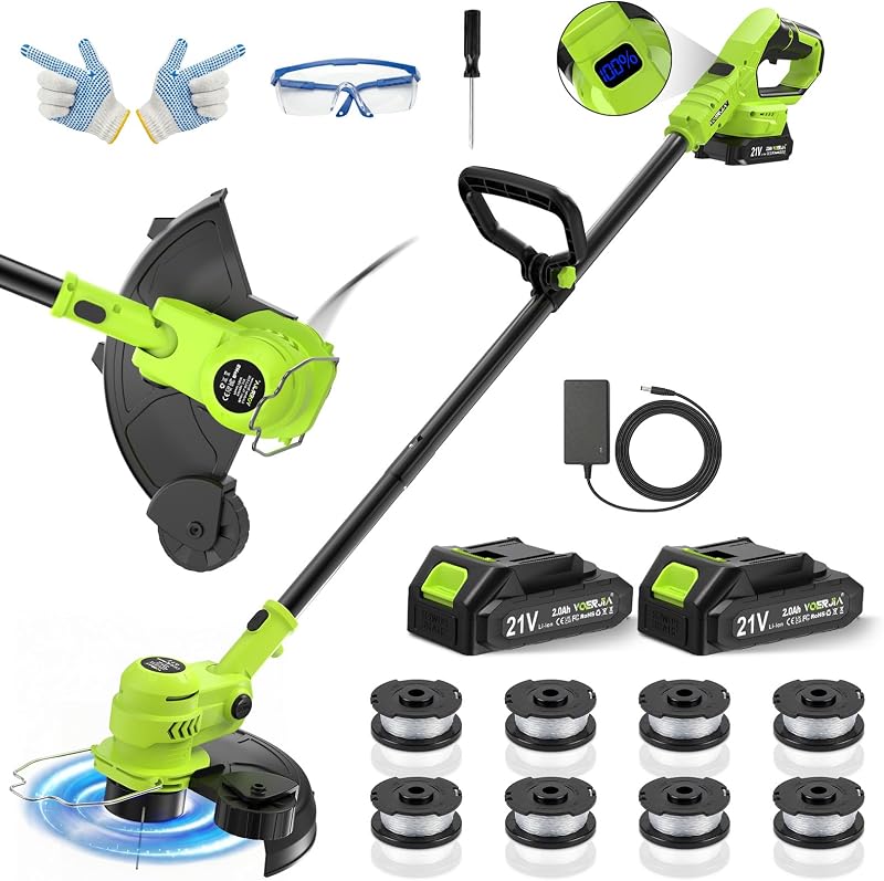 Débroussailleuse Électrique sans Fil 21V avec Écran LCD, Coupe-Bordure à Roues (30cm), Avancement Automatique du Fil, 8 Bobines Incluses, Tête Réglable et Multifonction. (Set Jardin Pro)