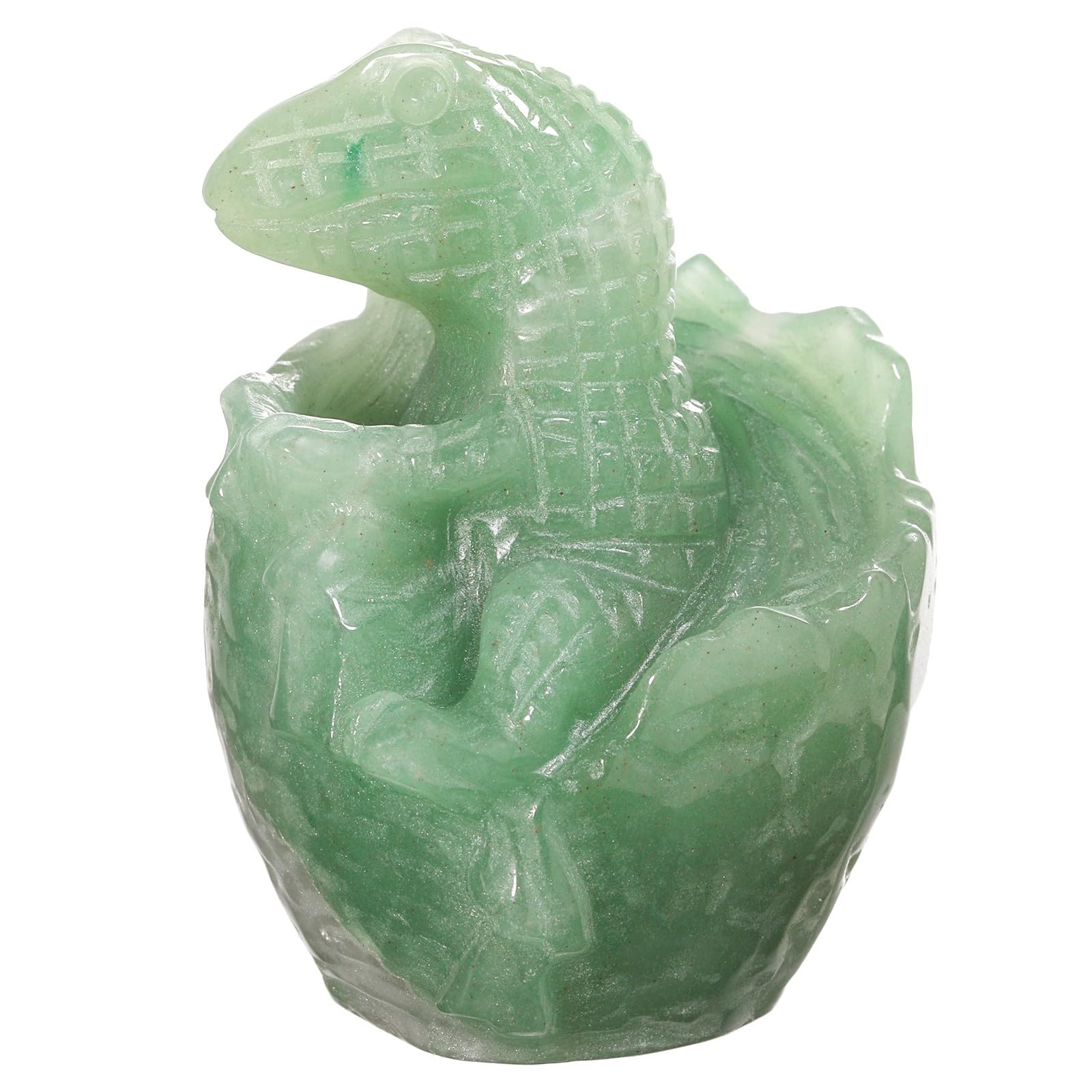 KYEYGWO Crystal Dinosaur Egg Hatchling Figurine, Hand-Carved Pocket Animal Stone Statue Baby Dragon Sculpture for Home Office Decor, Green Aventurine