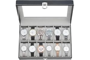Ohuhu Watch Box, 12 Slot Watch Case PU Leather Real Glass Lid Watch Display Case, Watch Organizer Watches Storage Case, Chris