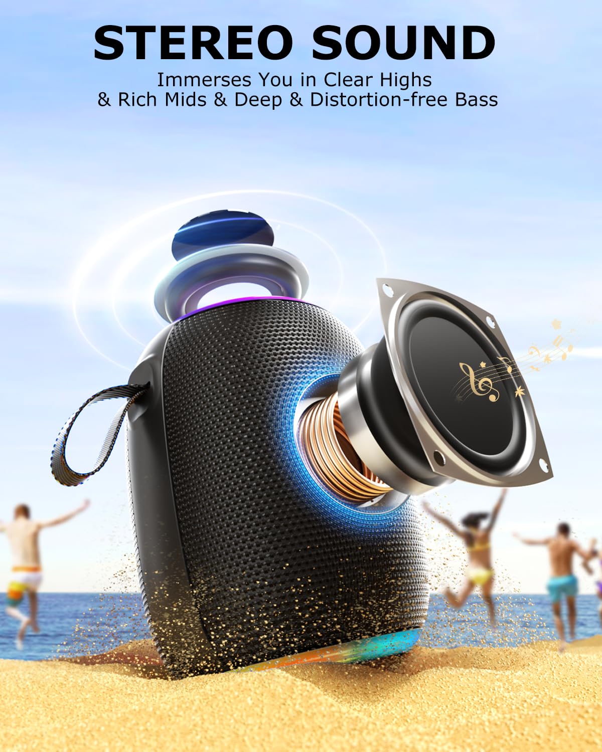 Foseener Portable Bluetooth Speaker with Stereo Sound, IPX5 Waterproof Wireless Speakers, 6 RGB LED Modes, Up to 20H Playtime, BT5.3, TWS Pairing, for Home/Bathroom/Party/Outdoor/Beach, Gift Ideals - Image 3