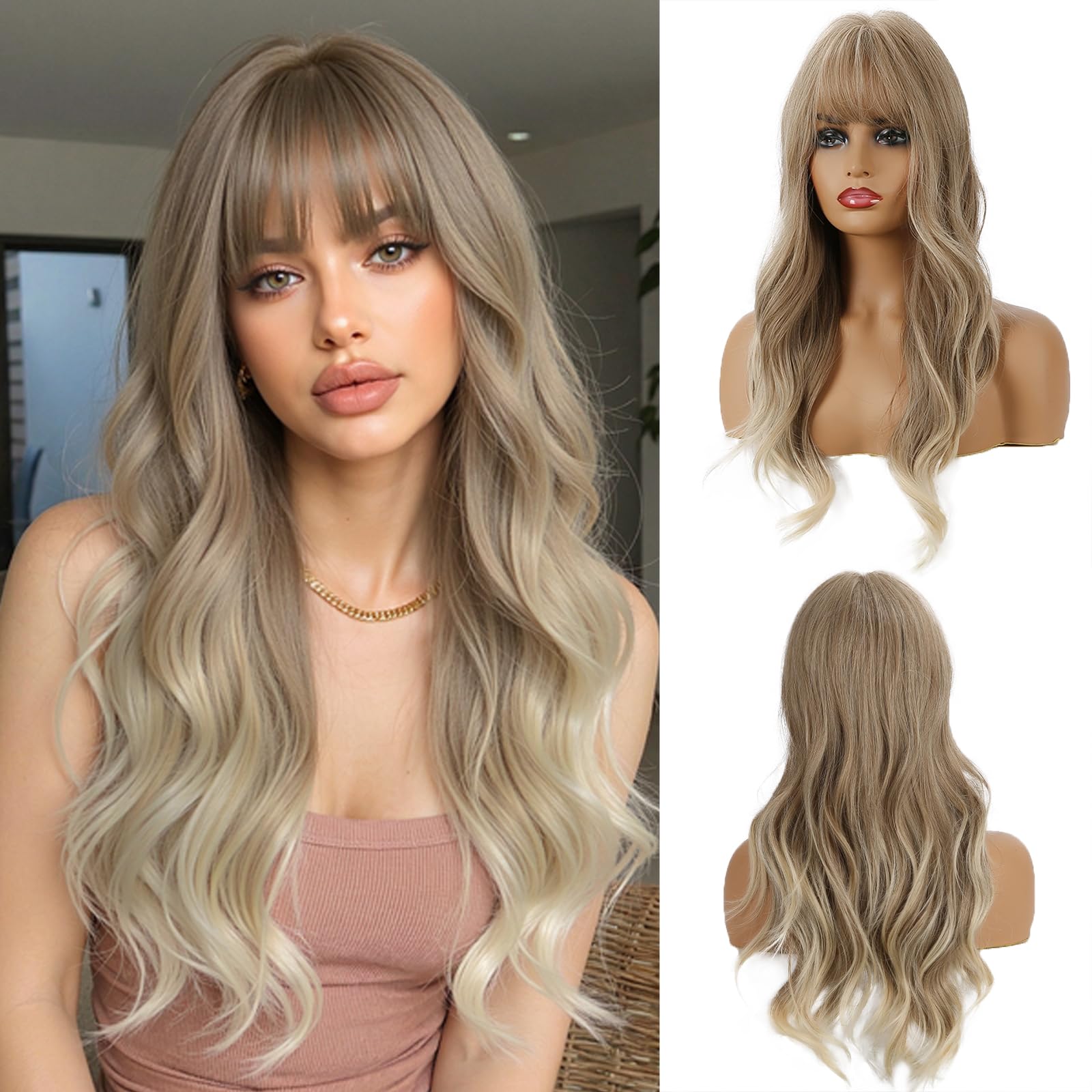 OUFEI 24 Inch Ash Blonde Wigs with Fringe for Women Natural Synthetic Wavy Wigs Heat Resistant Hair Long Wigs for Daily Party Wear — image 1