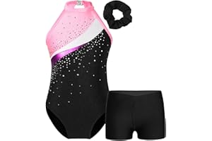 YOOJOO Gymnastics Leotards for Girls Sparkly Dance Unitards Biketards Shorts Bottoms with Hair Band Activewear for Girls