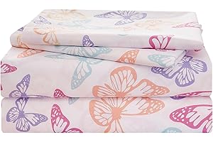 Yibeizi Butterfly Twin Sheets Set for Girls, Kids Cute Bedsheets Microfiber Deep Pocket Bed Sheet & Pillowcase Sets 3 Pieces