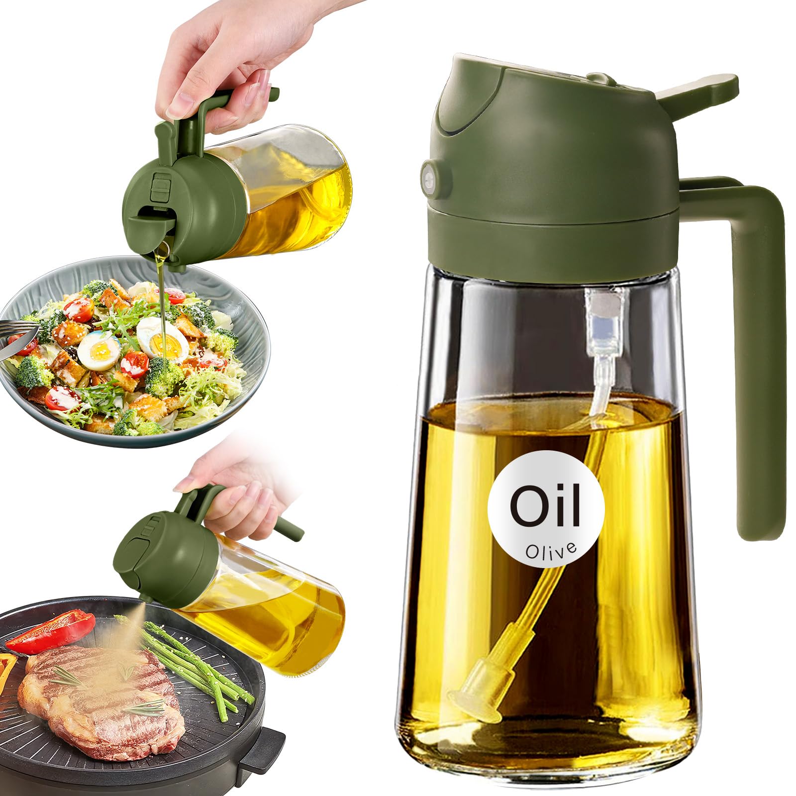 Photo 1 of YARRAMATE 16oz/470ml Glass Olive Oil Sprayer for Cooking with Stickers, 2 in 1 Oil Dispenser for Kitchen Gadgets, Food Grade Premium Spray Bottle with Portion Control for Salad, BBQ (OliveGreen)