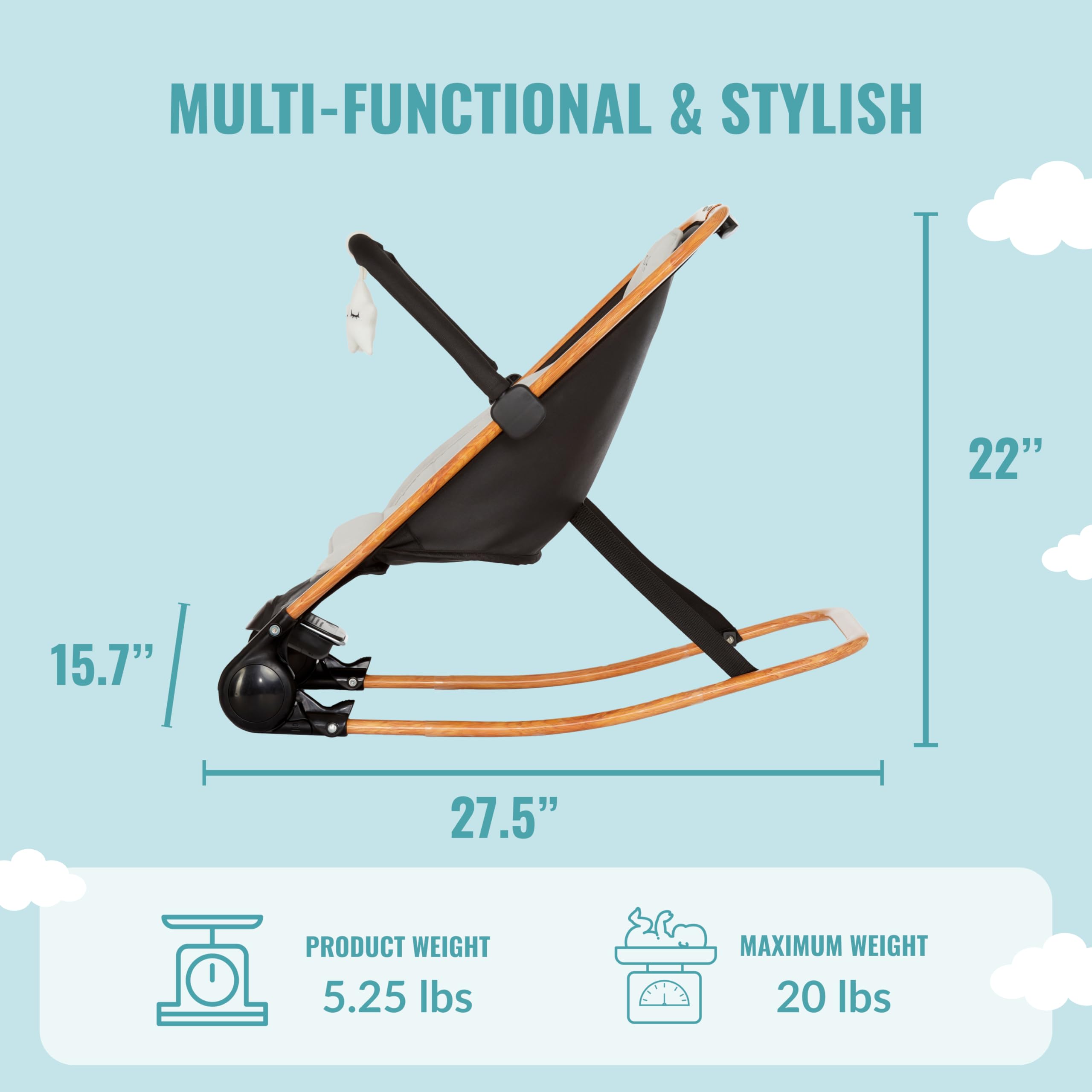 Dream on Me Rock with me 2-in-1 Rocker and Stationary Seat | Compact Portable Infant Rocker with Removable Toys Bar & Hanging Toys in Black & Grey