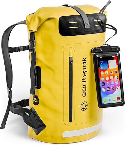 Earth Pak 35L Waterproof Backpack Roll-Top Yellow Front Pocket Phone Case