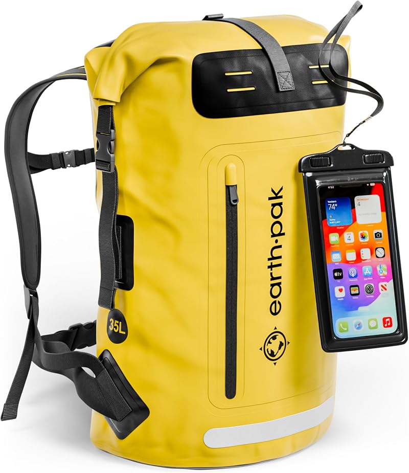 Earth Pak 35L Waterproof Backpack Roll-Top Yellow Front Pocket Phone Case