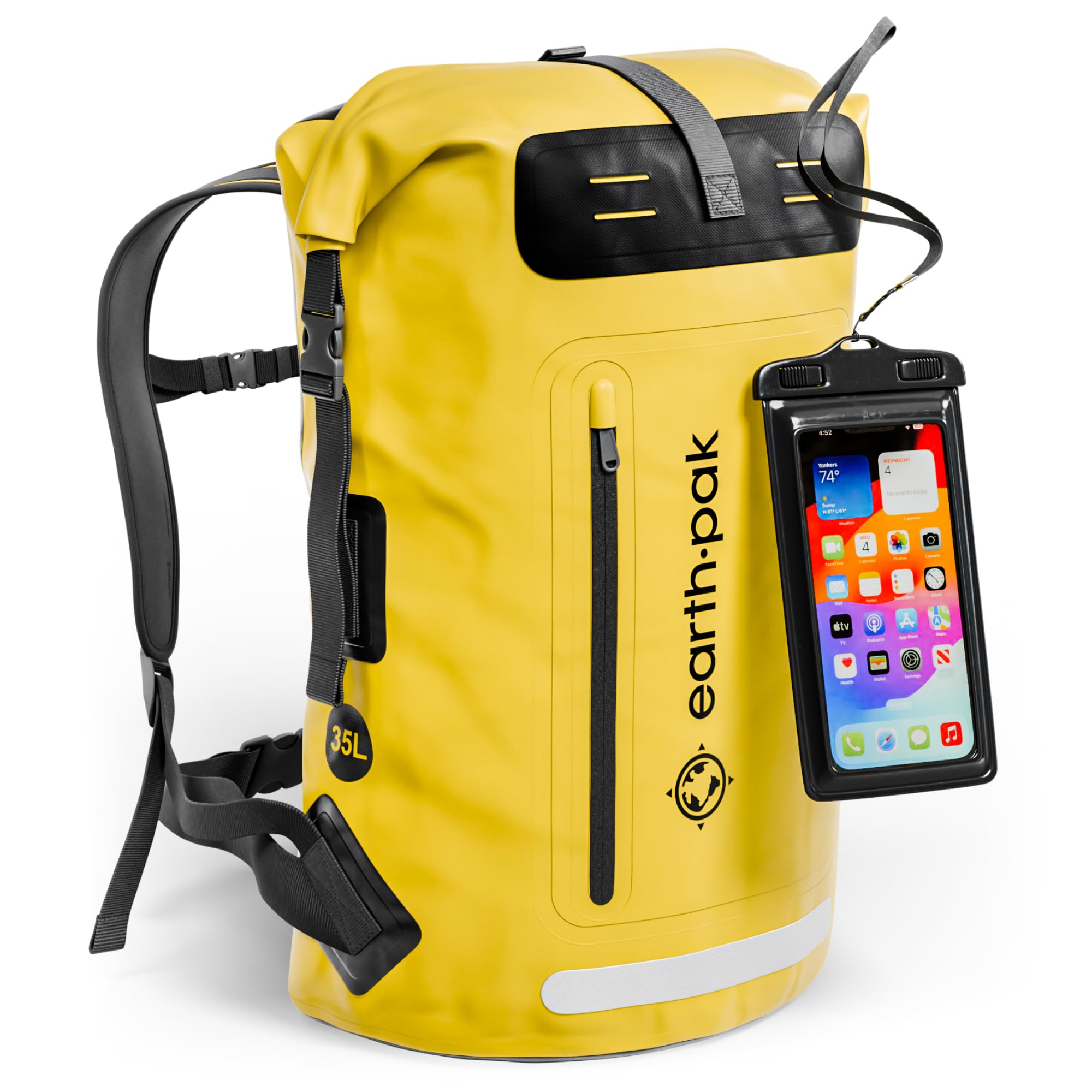 Earth Pak Waterproof Backpack with Roll-Top Closure, Front Pocket, Cushioned Back Panel & Phone Case (Yellow, 35L) — image 1