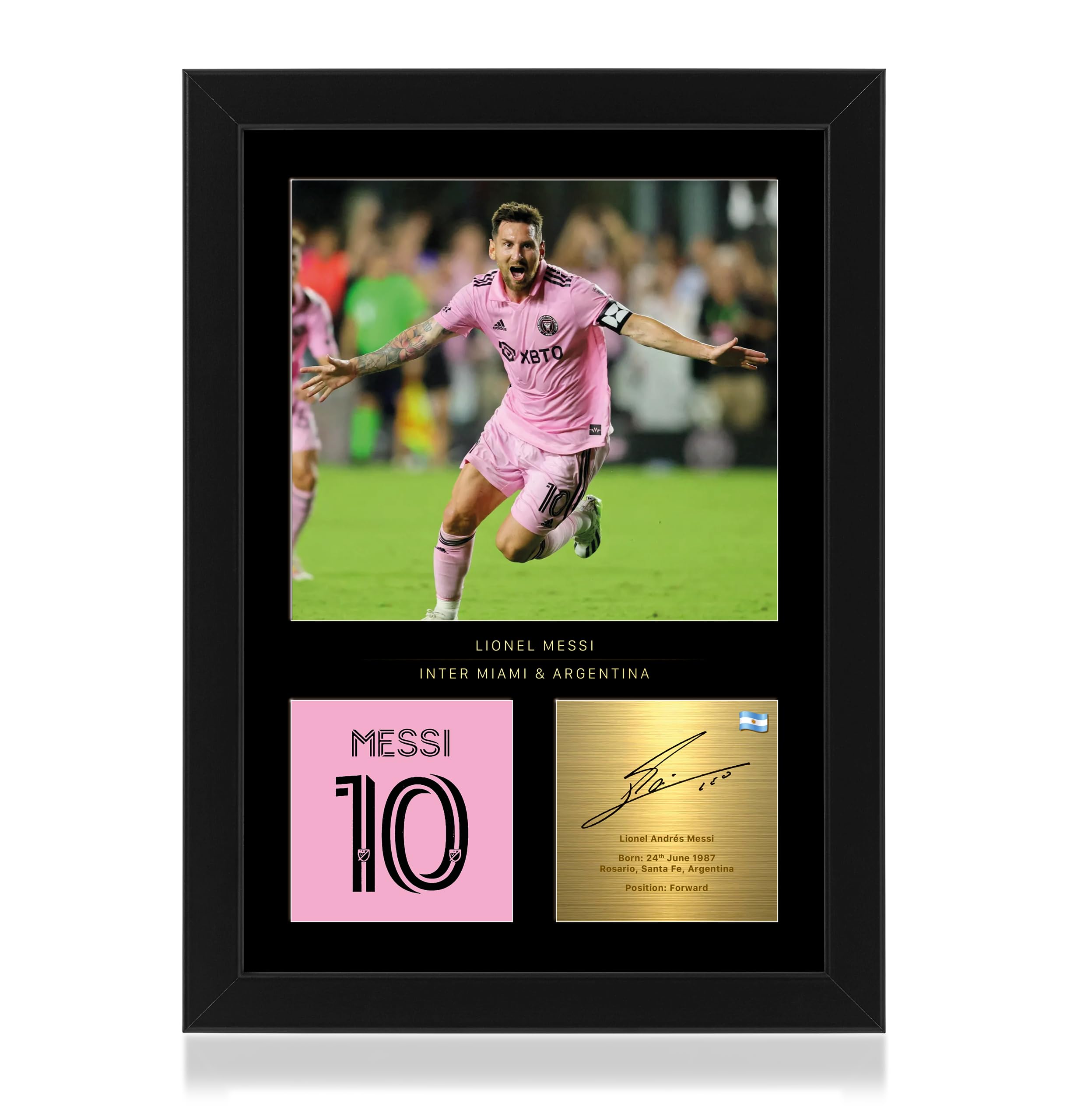 Win FC Lionel Messi A4 Framed Photo Display - Reproduced Digital Signature - Gift For Miami and Argentina Fans