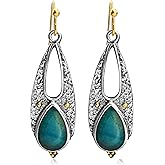 JNONL Bohemian Vintage Sliver Teardrop Hollow Stone Lightweight Dangle Drop Earrings Handmade Ethnic Hammered Hook Earrings For Women Jewelry Gifts