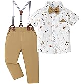 Toddler Boys Semi Formal Outfit 3pcs Sets Short Dress Shirt Suspender Pants Bow Tie for 1-5 Years