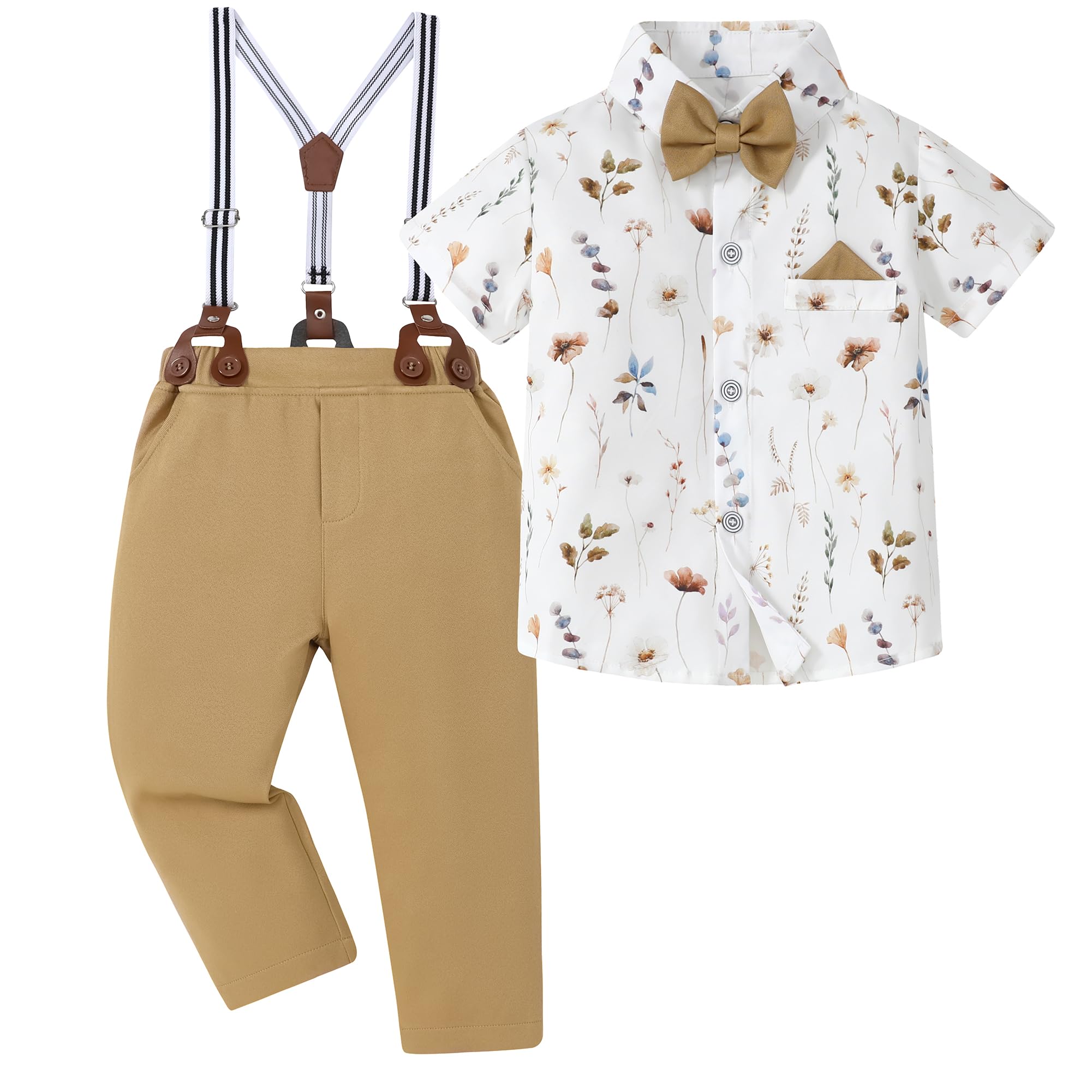 Photo 1 of DISAUR Suit for Toddler Boys 4t 5t 4-5t White Flower Dress Shirt Brown Suspender Pants Easter Suits for Little Gentle