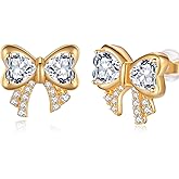 Hypoallergenic Bow Earrings for Women Trendy: 925 Sterling Silver Pearl Earrings White Gold/Gold Cubic Zirconia Earrings Studs for Sensitive Ears Christmas Jewelry