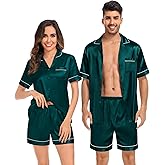 SWOMOG His And Hers Pajamas Sets Couples Satin Pj Set Sleep Wear Set for Women Button Up Pajamas Sleep Shorts Summer Lounge Sets Dark Green