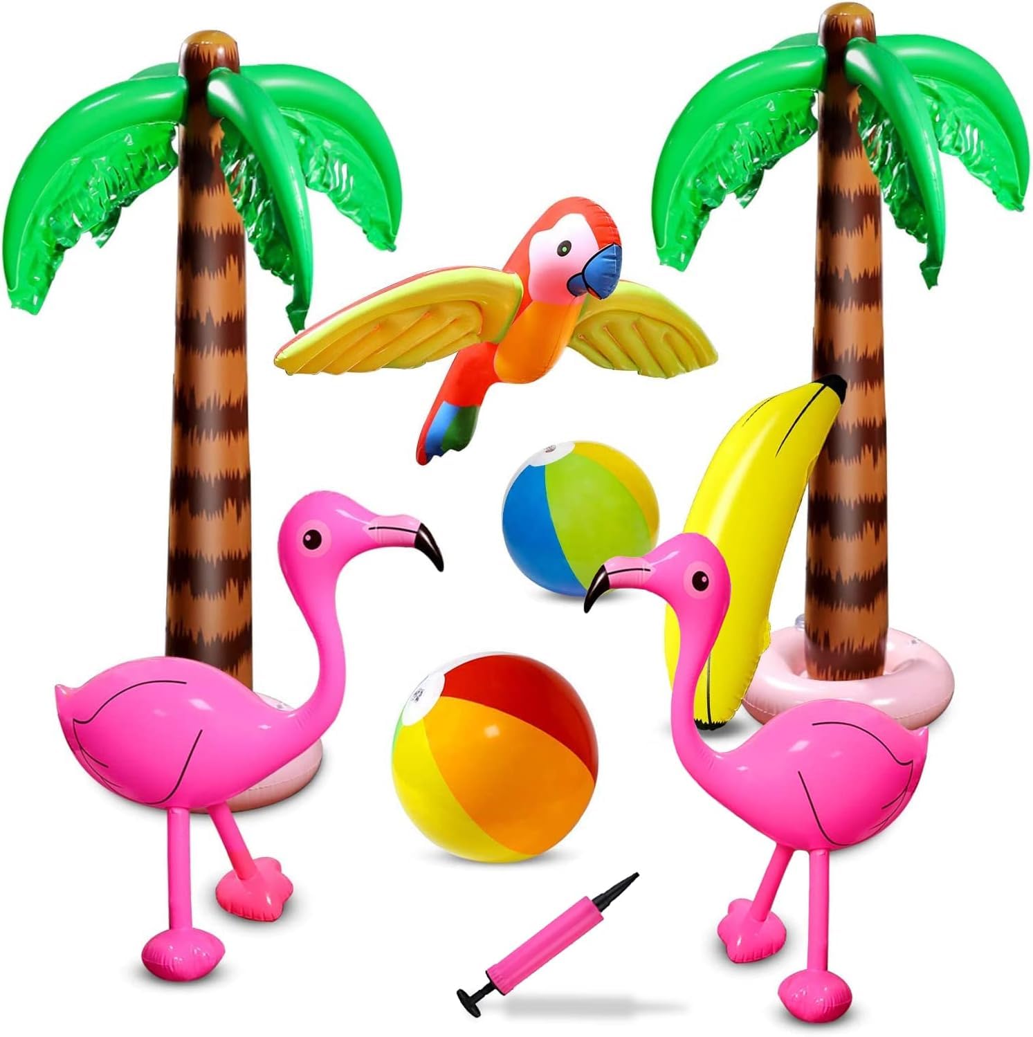 Newthinking Inflatable Palm Tree Flamingo Banana Beach Ball Parrot Beach Pool Toys for Tropical Hawaiian Luau Party Summer Pool Beach Party Decorations