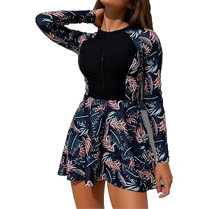 Women's Long Sleeve Swimdress One Piece Swimsuit, UPF Sun Protection Zip Front Floral Rash Guard Bathing Suit