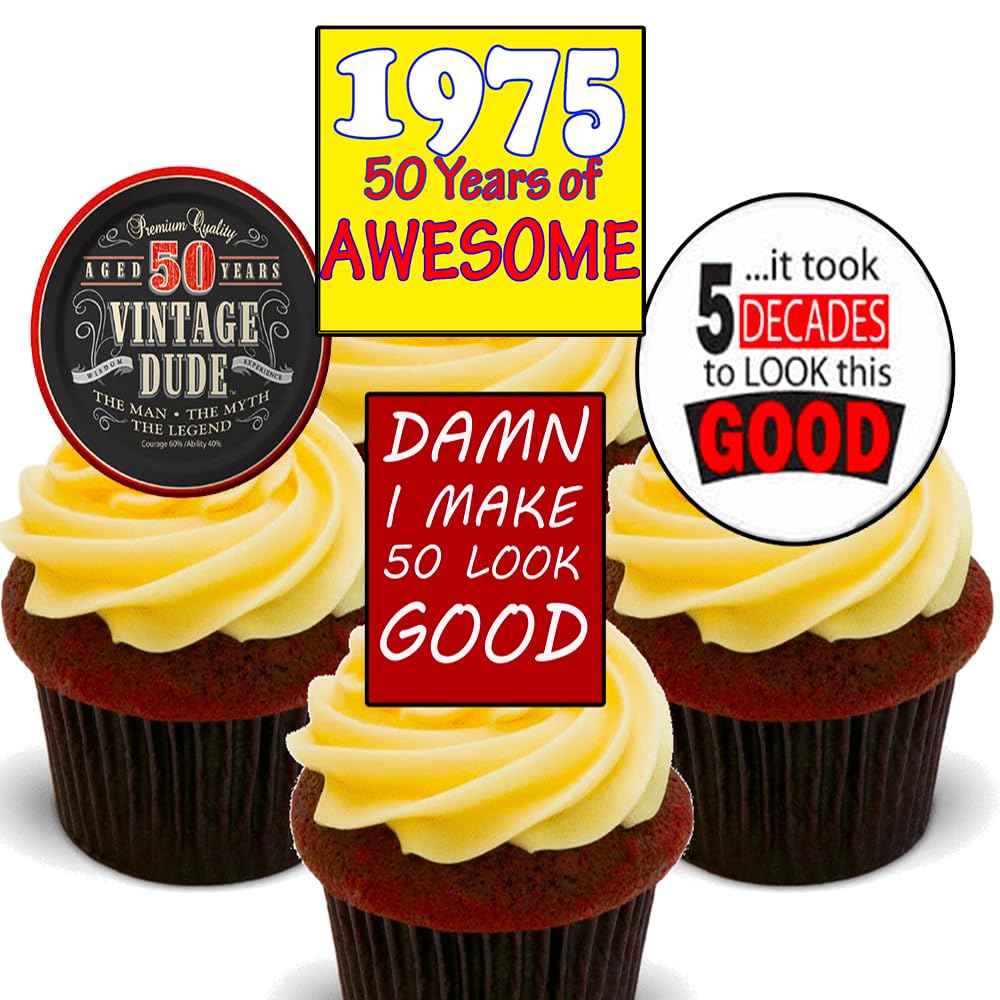 50th Birthday Male, Vintage, Edible Cupcake Toppers - 1975 Stand-up Wafer Cake Decorations (Pack of 12)
