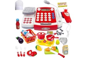 FUNERICA Toy Cash Register for Kids with Scanner, Play Money, Fake Credit Card, Calculator, Cutting Food & Pot Playset, Hat, Supermarket Grocery Play Store Pretend Cashier Gift for Toddlers Boys Girls