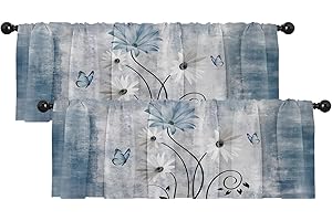Emvency 2 Pack Valances Window Treatments, Farmhouse Blue Daisy Flowers Butterfly Blackout Drapes Adjustable Curtain for Windows Living Room Kitchen Over Sink, 18x52 Inch Rod Pocket Valances