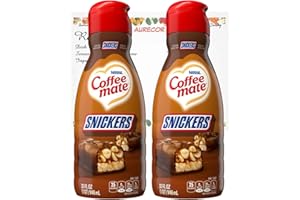 Coffee-mate Liquid Coffee Creamer, 32 fl oz bundle with Aurecor Recipe Card (Snickers, Pack of 2-32 fl oz)