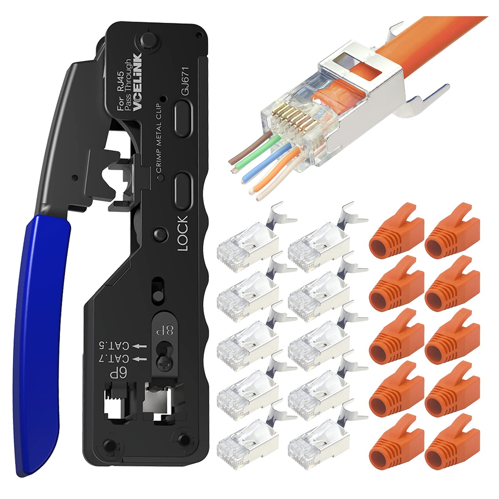 VCELINK GJ671BL Crimp Tool RJ45 Network Crimper Professional RJ11 with 10PCS Cat7 Pass Through Shieled Connectors 10PCS RJ45 Boots Cover