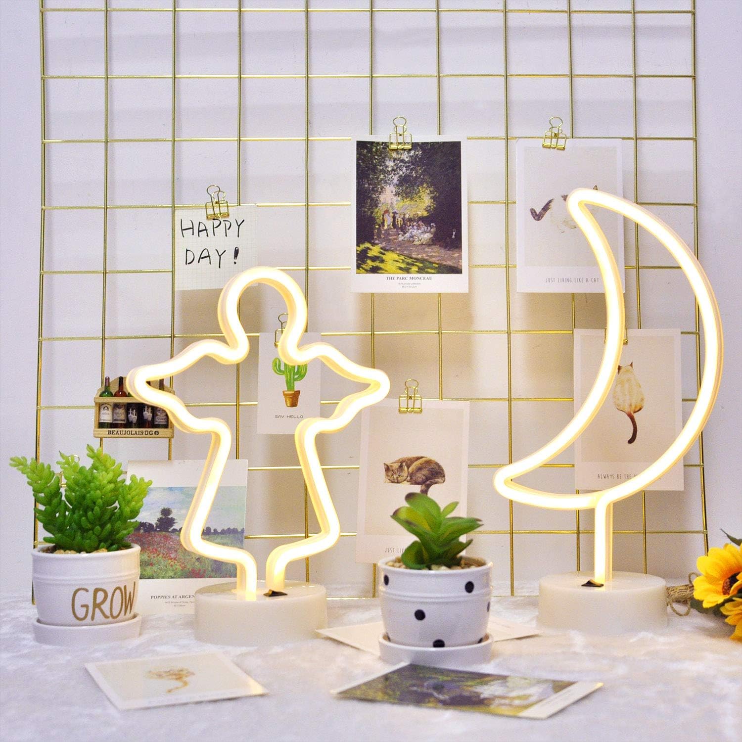 Moon Neon Sign and Angel Neon Light, 2 Set LED Battery Operated Neon Night Light with Base, Decoration for Kids Bedroom, Living Room, Party, Wedding, Gift for Mother's Day Ramadan (Warm White Light)