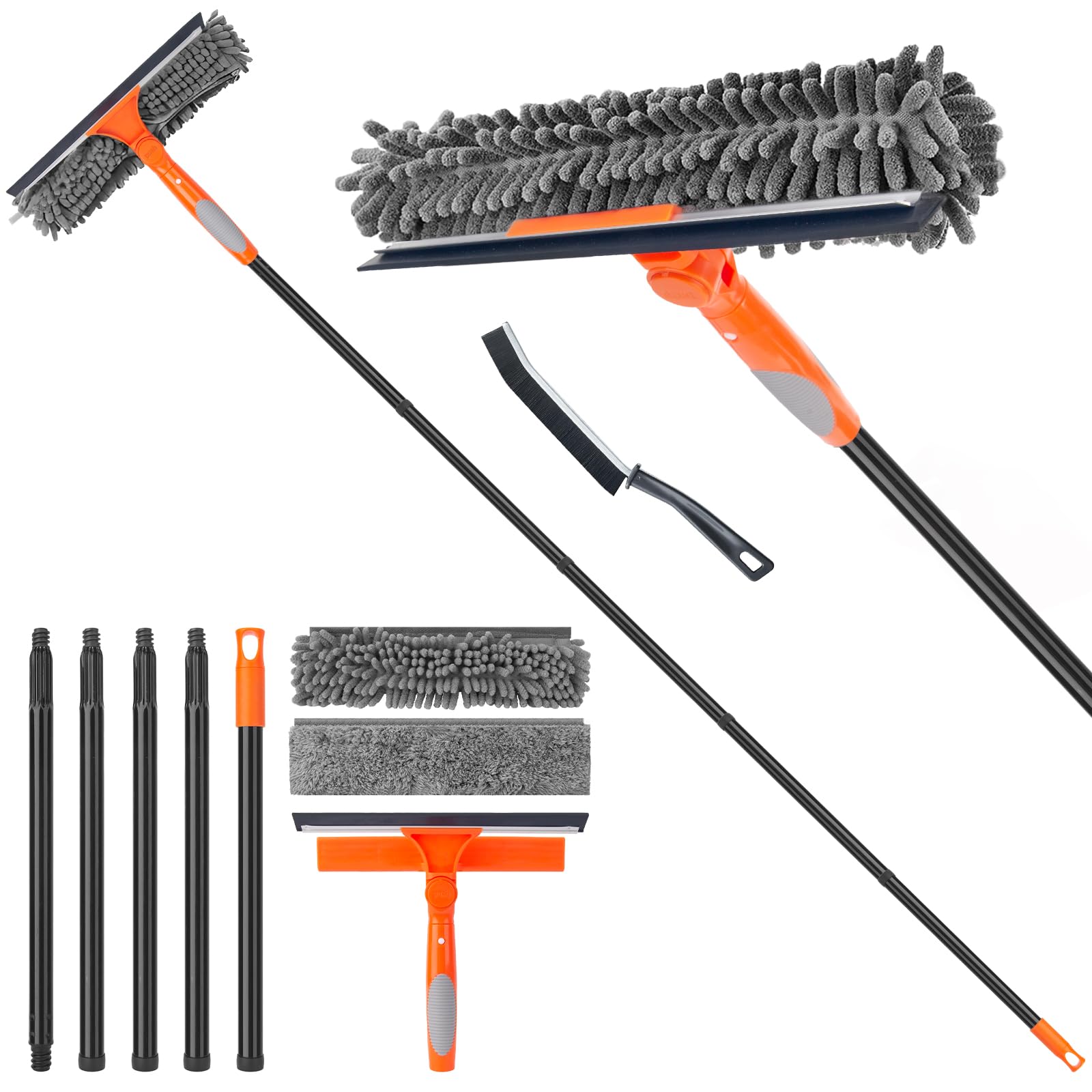 Window Cleaner Tool for Home, Long Handle 183 cm Squeegee Kit for Glass, Car Windshield, Mirror, Shower Door Cleaning, 2 in 1 Outdoor Window Washer with Extension Pole