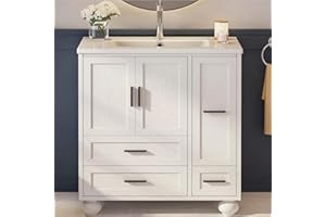 LIKIMIO 30" Bathroom Vanity with Sink, Modern Bathroom Cabinet with Hair Tool Pull-Out Drawer, 4 Solid Legs, 4 Drawers, 2 Doors, Undermount Single Sink, Freestanding Wooden Bathroom Cabinet, White