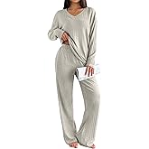 Ekouaer Lounge Sets for Women Long Sleeve Knit Ribbed Pajama Sets 2 Piece Casual Loungewear with Pockets