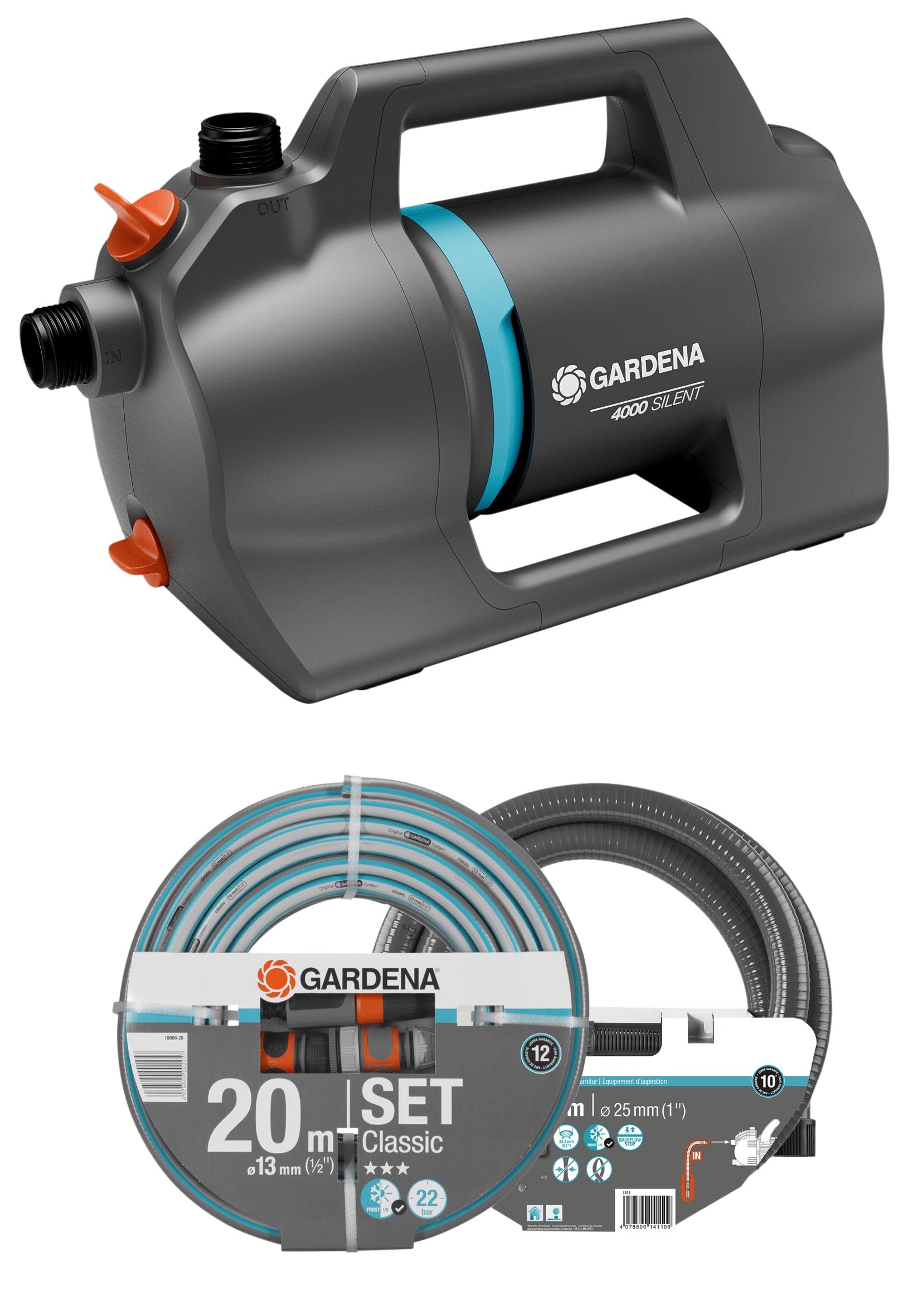 Gardena Gartenpumpe 4100 Silent Set: Sehr leise, innovative Bewässerungspumpe mit 3,5 m Sauggarnitur und 20 m Classic Schlauch, Fördermenge 4100 l/h, 550 W Motor, wasserfest, stromsparend (9051-20)