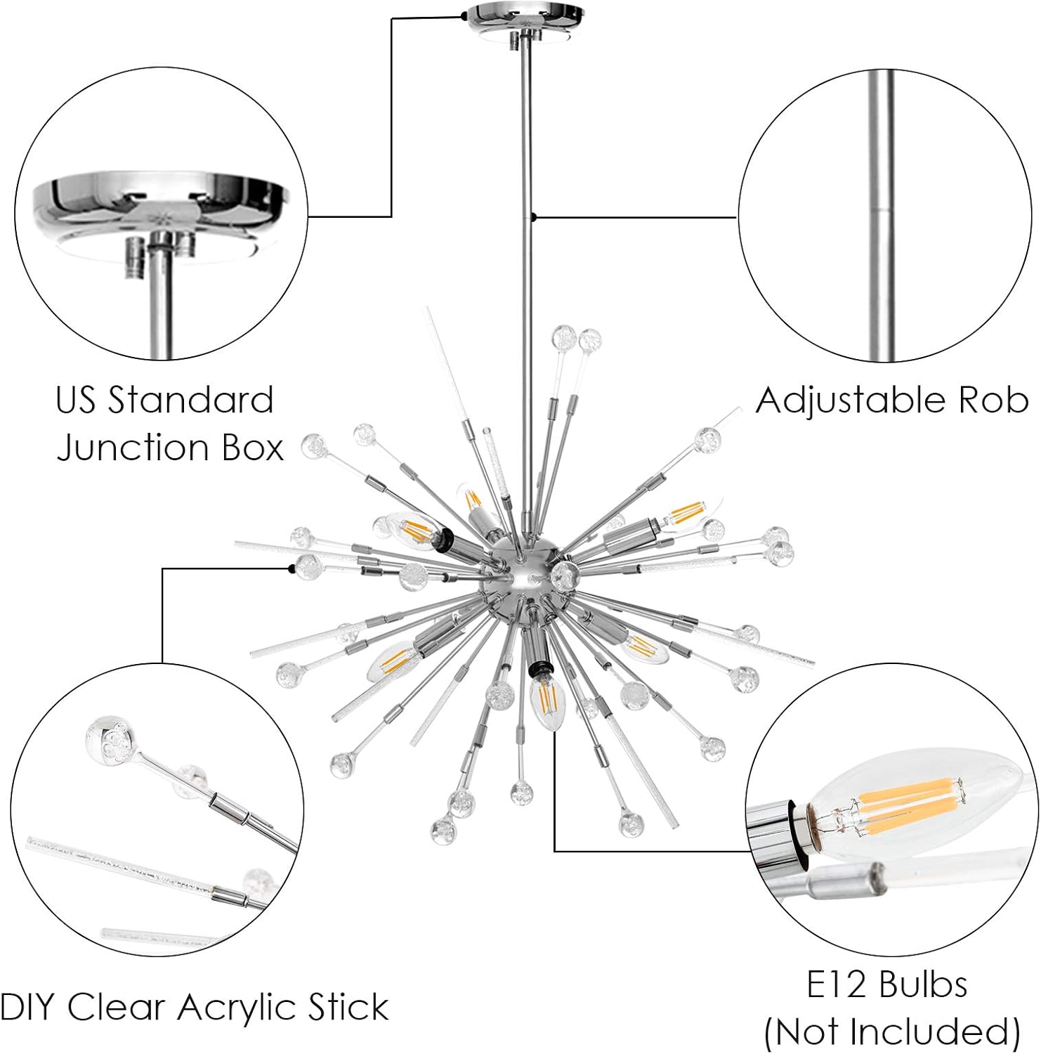 Modern Firework Chandeliers 6-Light Bulbs Sputnik Ceiling Light Fixture,Lucalda Adjustable Rods Globe Fireworks Pendant Lighting Fixture for Living Room, Bedroom,Kitchen,Hallway,Dining Room,Porch: Home Improvement