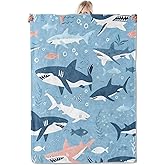 ICAAV Shark Flannel Blanket 50x60in,Cartoon Sharks Swimming with Fish and Seaweed on Light Blue,Soft Lightweight Throw for Boys,Kids,Ocean Animal Lovers,Summer Decor Gifts Blankets