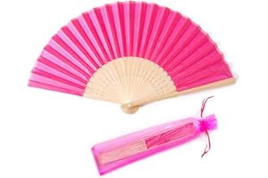 SL crafts 24pcs Imitated Silk Hand Fan Imitated Silk Fabric Bamboo Handheld Folded Fan Bridal Dancing Props Church Wedding Party Favors with Organza Bags (Hot Pink)