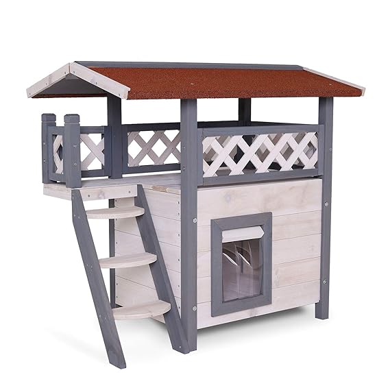 dibea Katzenhaus Lodge (Holz, 77 x 50 x 73 cm) mit Terrasse und Treppe