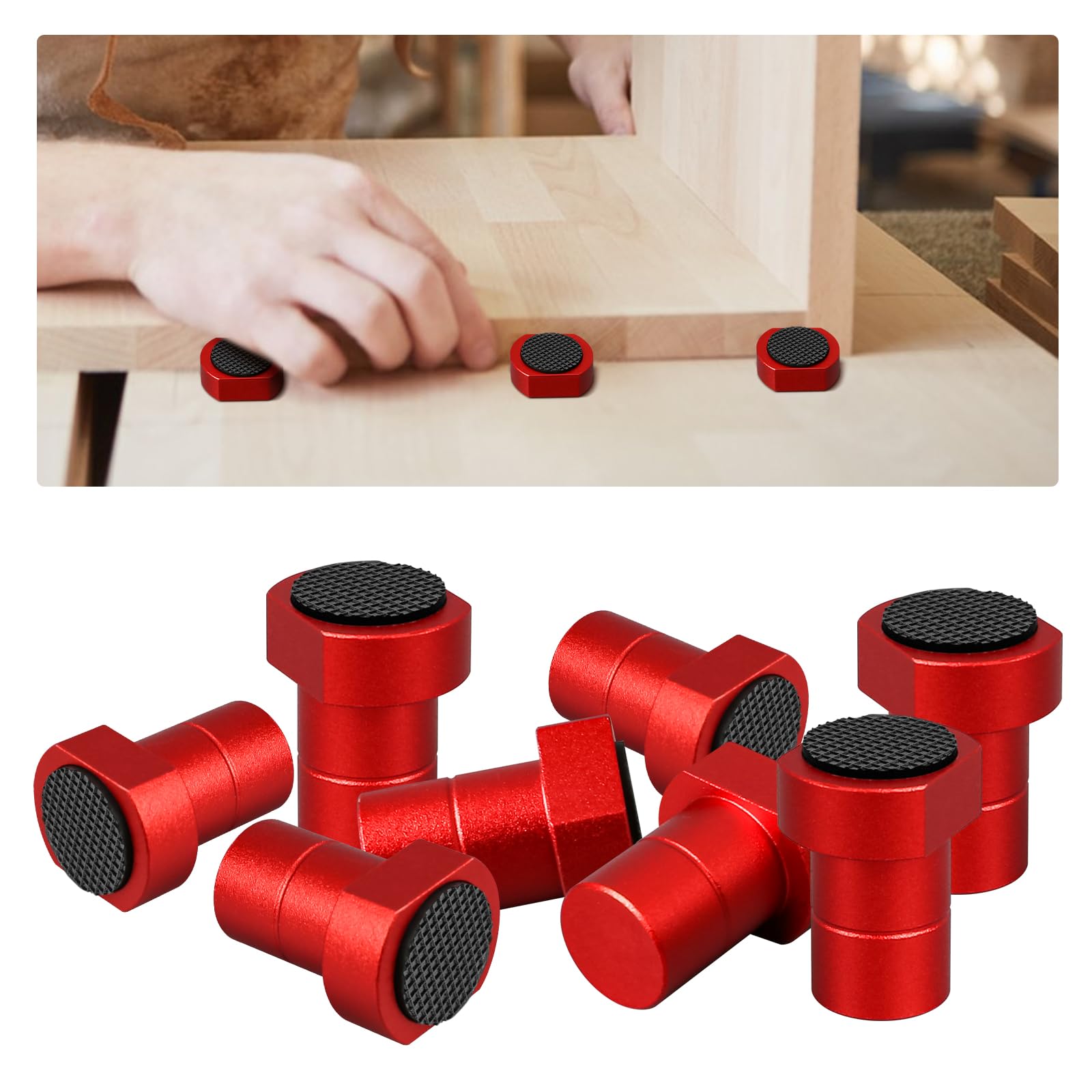 8 Pcs Bench Dogs Aluminum Alloy, 19 mm Bench Dogs for Woodworking with Non-Slip Pad for T-Track Woodworking Table Workbench Positioning Planing Plug (Red-19mm)