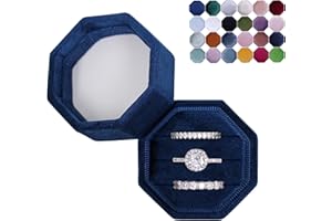 BLUTETE Velvet 3 Slots Jewelry Ring Box Engagement Wedding Box Keepsake Box Bridal Photo Ring Triple Slots Octagon (Navy Blue)