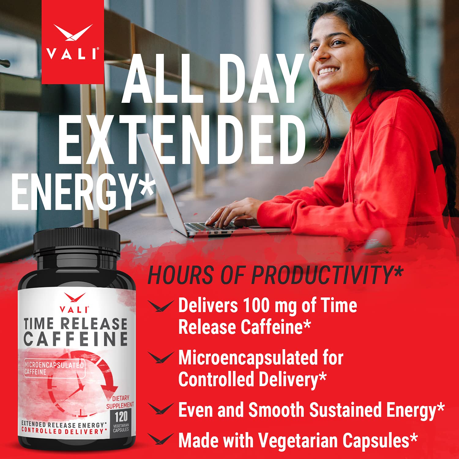 VALI Time Release Caffeine 100mg Capsules- Smart Slow Release for Extended Energy & Focus. Advanced Nootropic Supplement. Brain Booster Active Performance, Alertness & Clarity. 120 Veggie Capsules