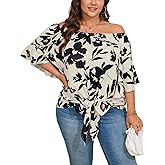 SHESTARR Womens Plus Size Off The Shoulder Blouse Tops Half Sleeves Tie Front Sexy Flowy Top