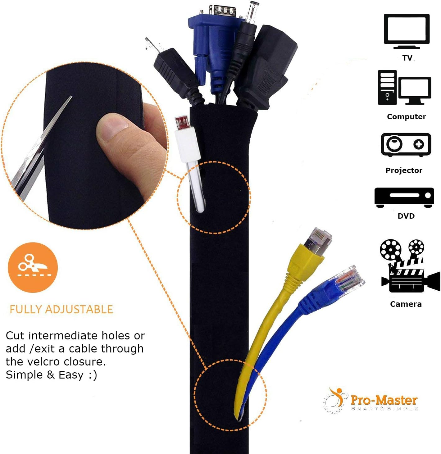 New Design PREMIUM 63'' Cable Management Sleeve, Best Cords Organizer System for TV Computer Office Home Entertainment, DIY Adjustable Black - White Cord Sleeves Wire Cover Concealer Wrap: Computers & Accessories