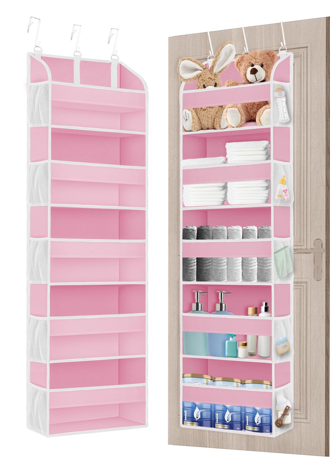 TAHAVICE Baby Over Door Storage with 5 Pockets, 2 Pack - Door Hanging Storage for Bedroom, Bathroom, Nursery, Baby Essentials for Newborn (Pink)