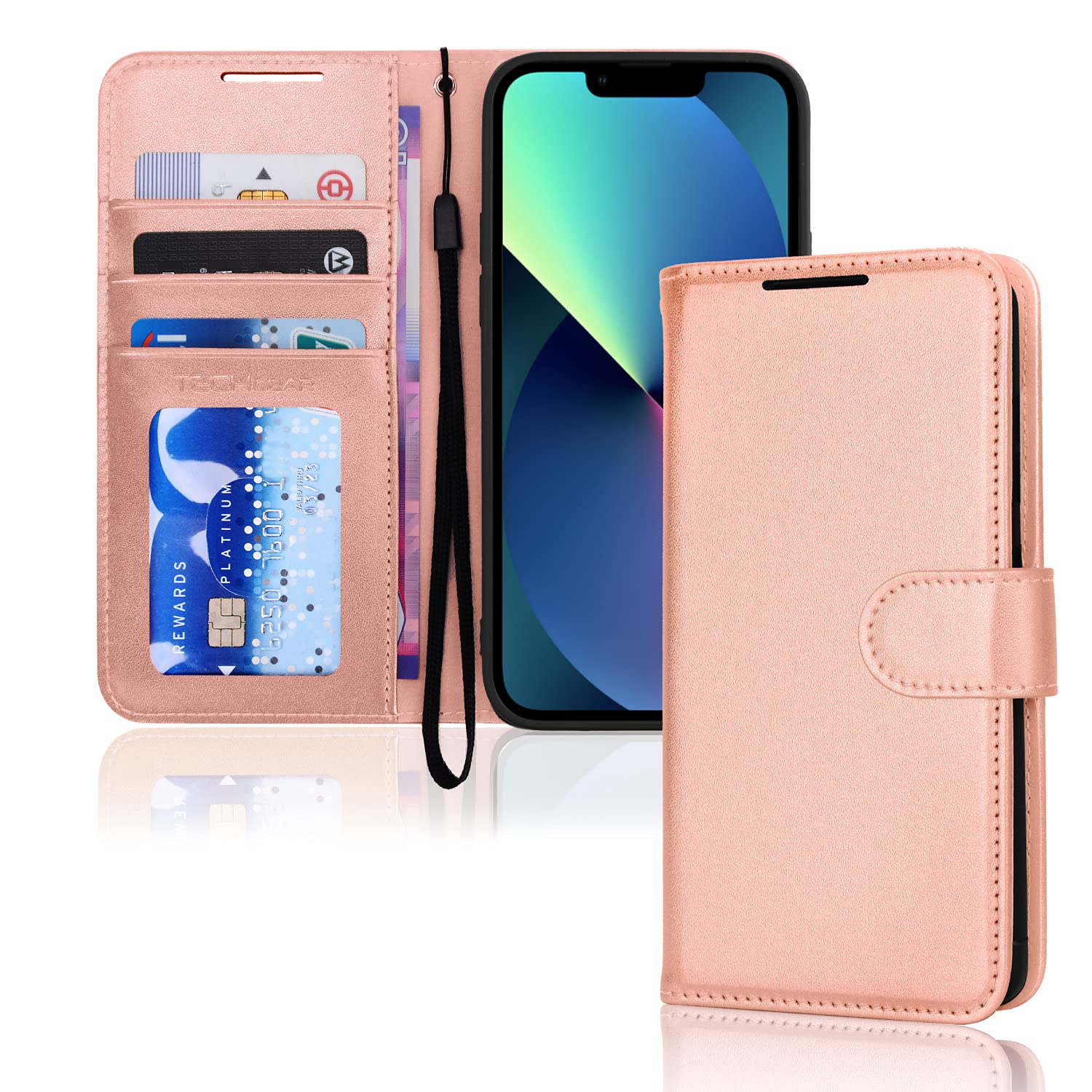 TECHGEAR iPhone 13 Leather Wallet Case, Flip Protective Case Cover with Wallet Card Holder, Stand & Wrist Strap - Rose Gold PU Leather with Magnetic Closure for iPhone 13 6.1" — image 1