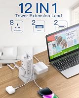Addtam 13A 3250W 8 Way Tower Extension Lead with 4 USB Ports USB-C & USB-A view 2