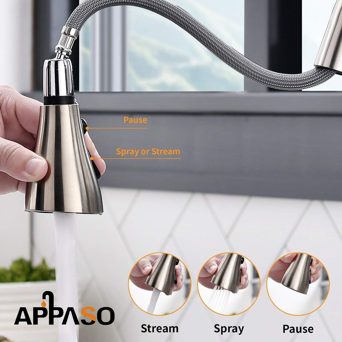 Patented Kitchen Faucet with Pull Down Sprayer and Soap Dispenser - Single Handle Stainless Steel Brushed Nickel High Arc Pull Out Kitchen Sink Faucets with Deck Plate, APPASO - - 