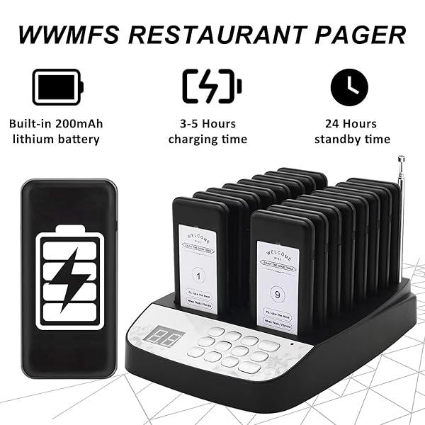 RESTAURANT PAGER SYSTEM, 16 WIRELESS BUZZERS FOR RESTAURANT, SET WITH VIBRATION, FLASHING AND BUZZER, PAGERS FOR RESTAURANTS, CHURCH, HOSPITAL, BAR, HOTEL,TRUCK,NURSERY, COFFEE SHOP (BLACK)