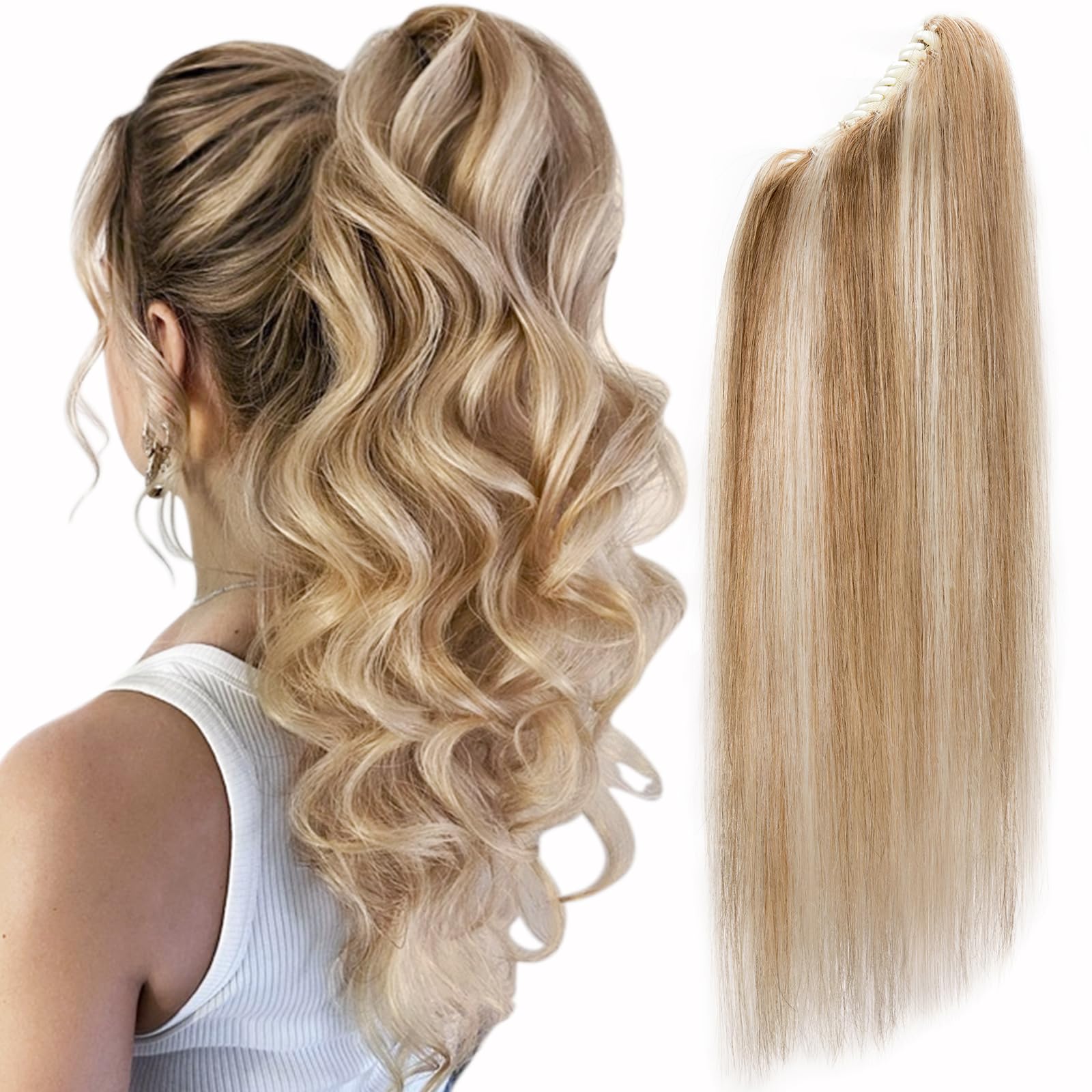 SEGOHAIR Claw Clip Ponytail Hair Extensions Human Hair, 14 Inch Ponytail Extension Natural Real Hair Straight Remy Hair Picecs-Medium Golden Brown with Bleach Blonde(115g) — image 1