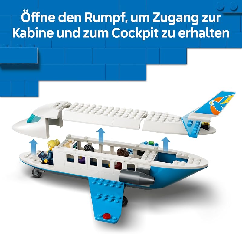 City Passagierjet Spielzeug - Flugzeug Modellbausatz mit 4 Minifiguren und Reisezubehör - Lernspielzeug - Geburtstagsgeschenk für Jungen ab 4 Jahren - 60492